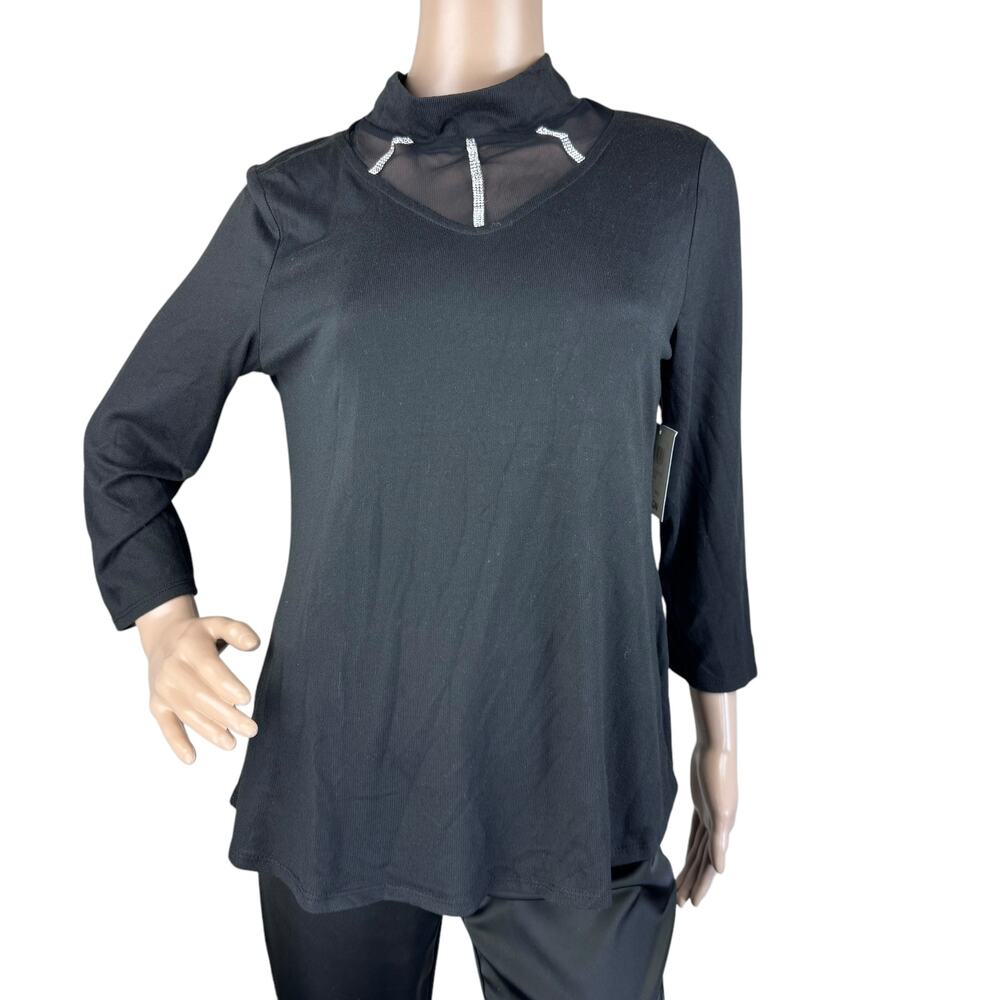 New 89th + Madison Black Knit Rhinestone Mesh 3/4 Sleeve Pullover Sweater Top M